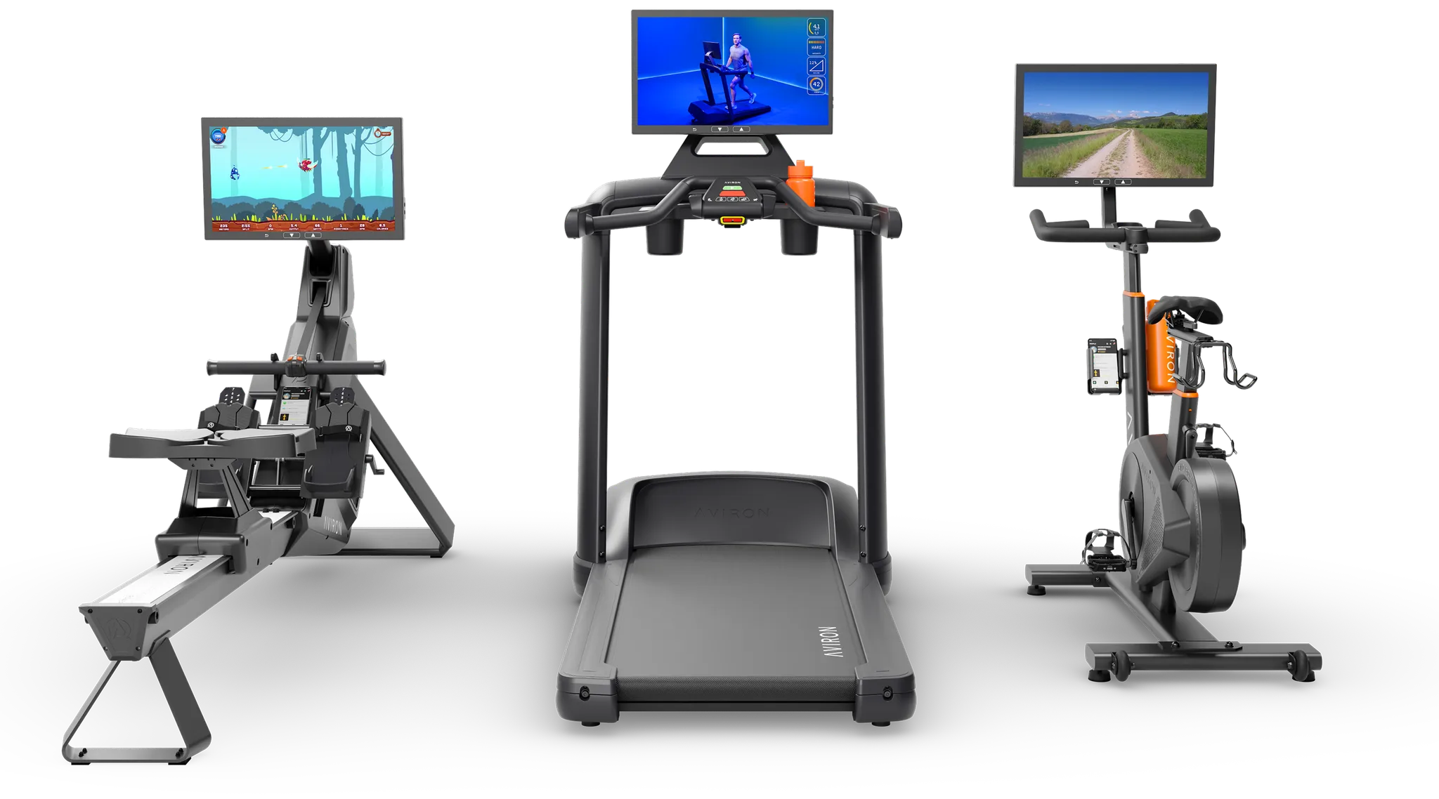 The Aviron lineup: the Strong Series Rower, a treadmill, and the Fit Bike S, each with its own screen.
